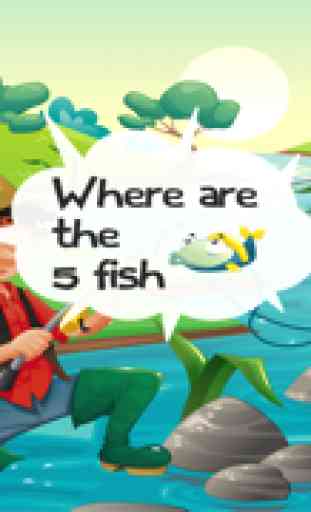 Jogo para crianças idade 2-5 sobre pesca: Jogos, puzzles e enigmas para jardim de infância, pré-escola ou creche. Aprender com o mar, água, peixe, pescador e vara de pesca 3