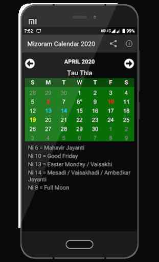 Mizoram Calendar 2020 2