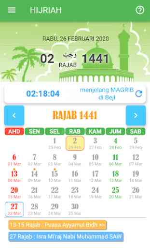 Hijriah - Kalender, Puasa Sunnah, Jadwal Shalat 1